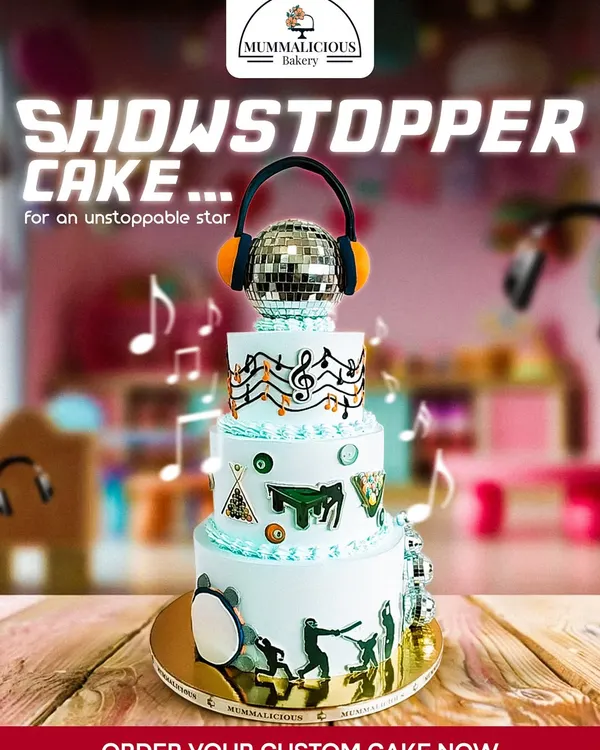 A showstopper cake for an unstoppable star. This multi-tiered music-themed cake features a disco ball, piano keys, and dancing silhouettes, celebrating a life full of energy and passion.