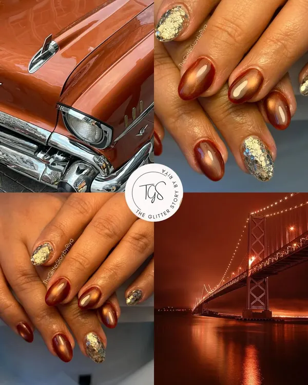 A mood board inspired by warm, rustic tones. This collage pairs a coppery-brown cat-eye manicure with images of a vintage car and a sunset-lit bridge, capturing a cozy autumn vibe.