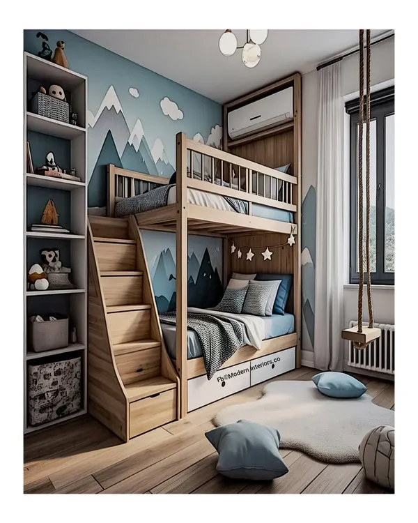 An adventurous mountain-themed kids' room. This bunk bed design includes a staircase with built-in drawers for storage and a fun swing on the side. The mural adds a wonderful sense of outdoor adventure.