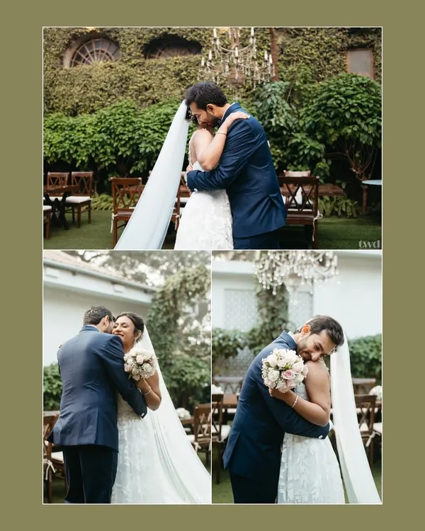 The magic of a first look. This collage is filled with the raw emotion of the bride and groom seeing each other for the first time, from the gentle hugs to the looks of pure awe.
