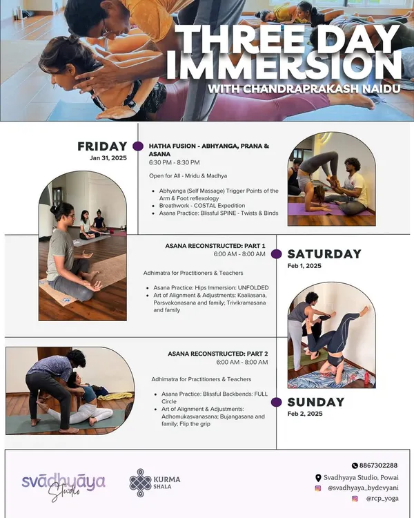 An overview of our three-day immersion with Chandraprakash Naidu (RCP). This schedule details a comprehensive journey through Hatha fusion, asana reconstruction, and the art of alignment and adjustments.