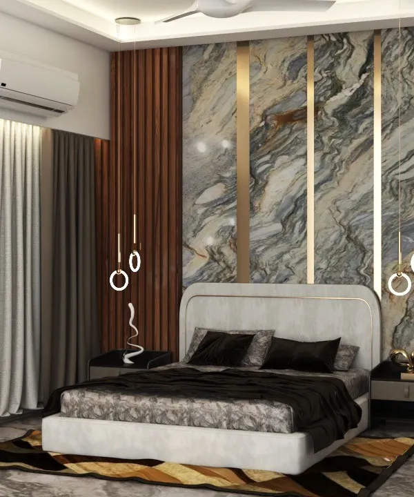 A full view of the master bedroom with the dramatic marble and gold accent wall. This angle shows the interplay between the wall, the wooden paneling, and the soft curtains, creating a balanced and luxurious design.