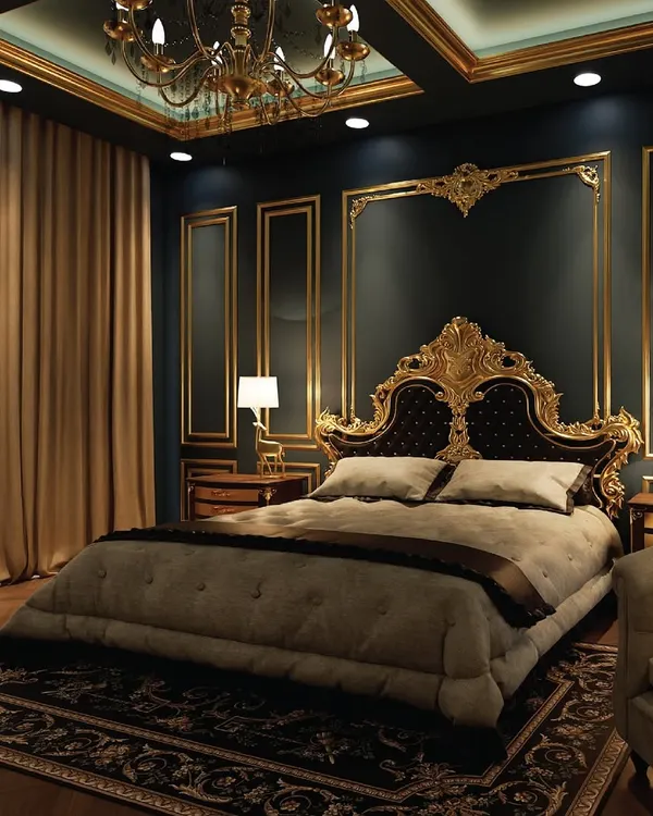For this Victorian-themed master bedroom, we used a rich, dark palette with ornate gold-finished bed and wall moldings. The design is grand and opulent, complete with a vintage chandelier and a custom Jaipur carpet to create a truly royal retreat.