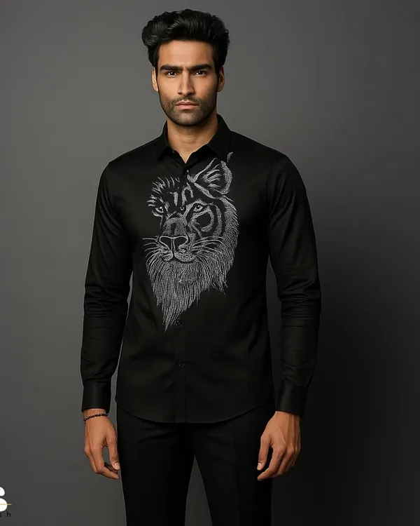 This custom black shirt features a powerful, hand-embroidered lion motif in silver thread. It's a bold statement piece, perfectly tailored to create a sharp silhouette for evening wear or special occasions.