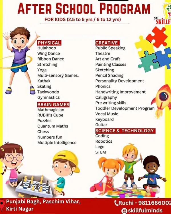 This flyer provides a comprehensive overview of my after-school programs. It details the four main categories of activities I offer: Physical, Brain Games, Creative, and Science & Technology.