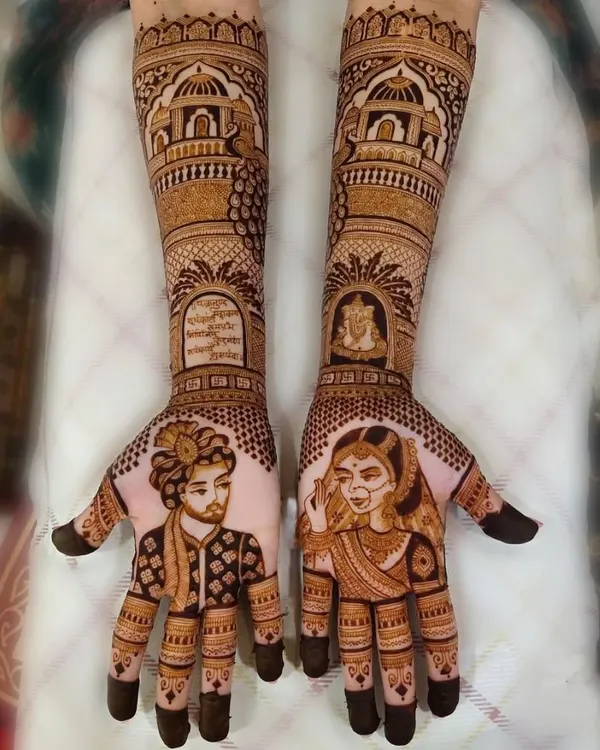 This is the kind of special mehendi I create for my brides. This full-arm bridal design features custom portraits of the couple on the palms, with intricate details like temple architecture and religious symbols to complete the story.
