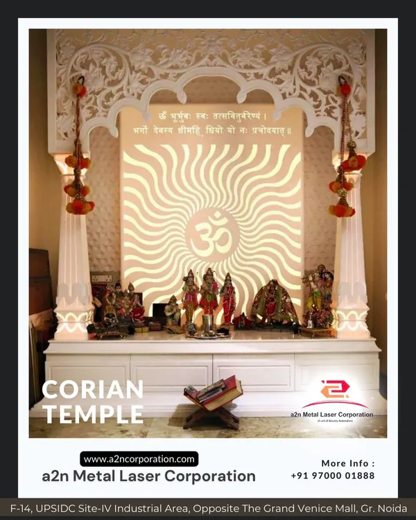 This stunning Corian temple is a perfect example of our craftsmanship. The backlit "Om" symbol is surrounded by an intricate wave pattern, creating a radiant and peaceful ambiance. The design includes integrated storage and is framed by ornate pillars.