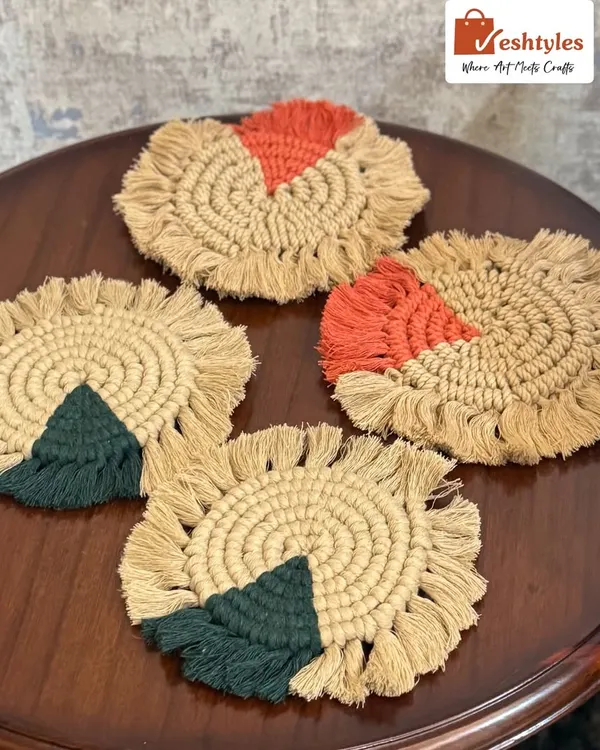 Add a pop of color to your coffee table with my handmade macrame coasters. This set shows how you can mix and match colors, here with earthy jute and vibrant orange and green. They are perfect for protecting your tables.