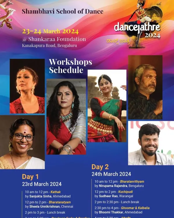 An announcement for our 'Bharathanrithyam' workshop at Dance Jatre, a session focused on integrating movements from the Natyashastra with Bharathanatyam, a concept developed by my Guru, Dr. Padmasubrahmanyam.