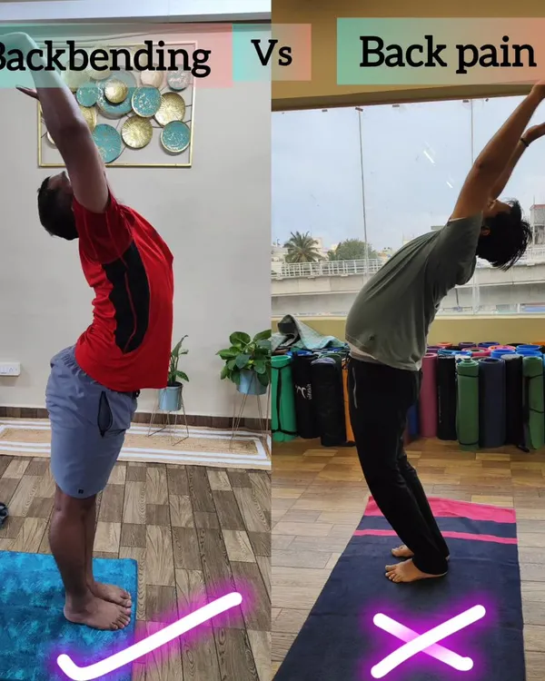 This image clearly shows the difference between a correct backbend and an incorrect one that causes back pain. The correct form involves bending from the mid-back, not the lower back, which protects the spine.