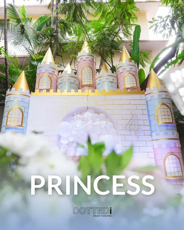 A glimpse of a princess castle backdrop, perfect for making any birthday girl feel like royalty. The pastel colors and gold-tipped turrets create a dreamy setting for photos and celebration.