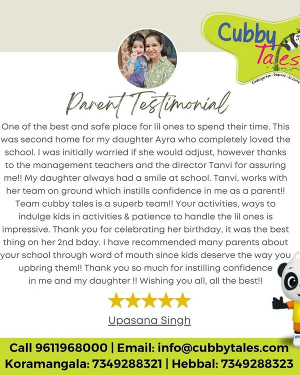 Nothing makes us happier than hearing from our families. This parent's testimonial about her daughter's journey with us reaffirms our commitment to creating a safe, loving, and confidence building second home for every child.