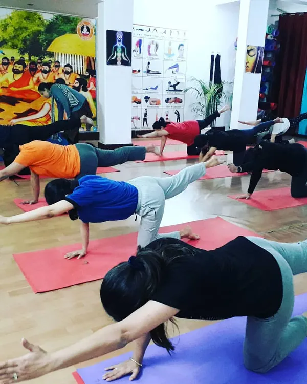 Participants in my studio class are seen here practicing Vyaghrasana, or Balancing Table Pose. This asana is excellent for improving balance, strengthening the core, and creating stability in both body and mind.