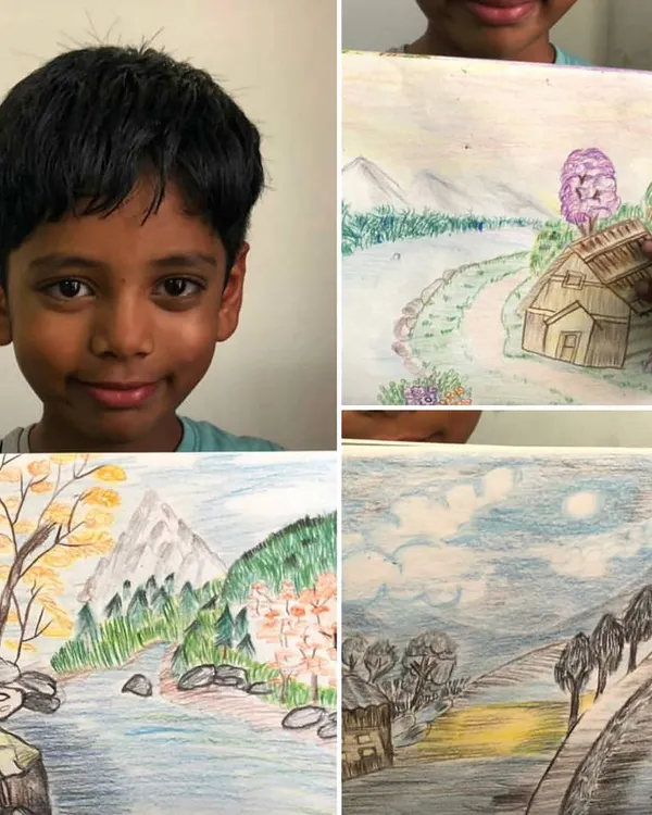 I am so proud to introduce you to one of my young artists, Aarush, who is just seven years old. This collage shows his amazing progress with colored pencil landscapes, from a simple house scene to more complex river and mountain views. It is moments like this that fill my heart with joy.