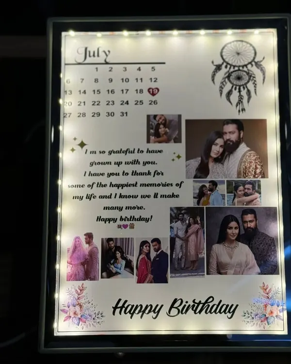 This custom LED frame is a perfect birthday gift, featuring a photo collage, a calendar with a highlighted date, and a personal message, all illuminated by soft fairy lights.