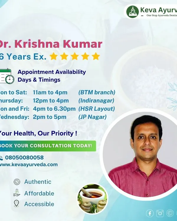 This is my profile, Dr. Krishna Kumar. As a senior consultant with over 16 years of experience, I specialize in a wide range of chronic conditions and am available for consultations across our BTM, Indiranagar, HSR Layout, and JP Nagar branches.