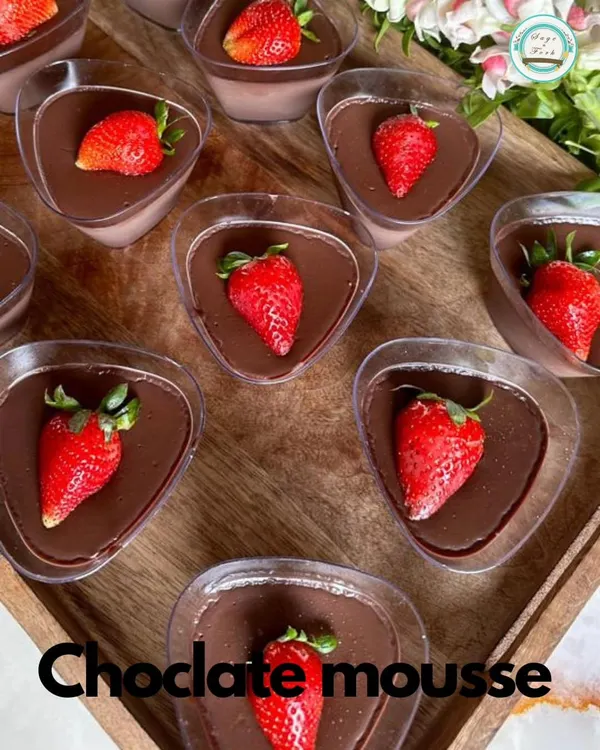 My rich and silky Chocolate Mousse, topped with a fresh strawberry. This is a classic dessert that I make with high-quality chocolate for a truly indulgent experience.