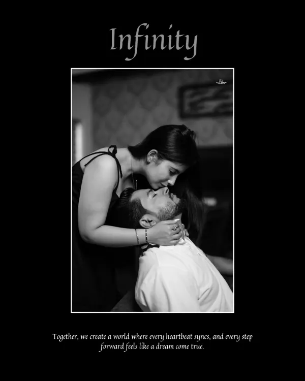 An intimate black and white photo of the bride kissing the groom's forehead, framed with the word "Infinity" to symbolize their endless love.