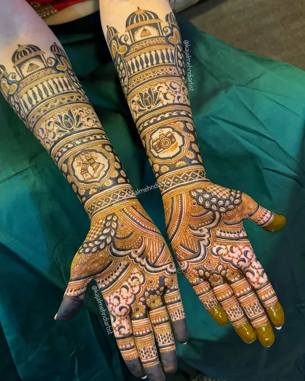 This is what I love to do, telling a couple's unique story through my art. This bridal henna celebrates her passion for Kathak dance and his love for photography, weaving their two worlds together into one beautiful design.
