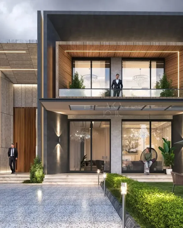 This luxury farmhouse design is planned with the amenities of a high-end hotel, including full home automation and high-tech services. The architecture uses clean lines, large glass openings, and a mix of stone and wood for a modern yet warm aesthetic.