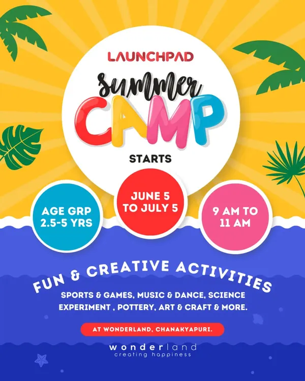 This flyer details our Launchpad Summer Camp, including the age group, dates, and a list of fun and creative activities like sports, pottery, and science experiments.