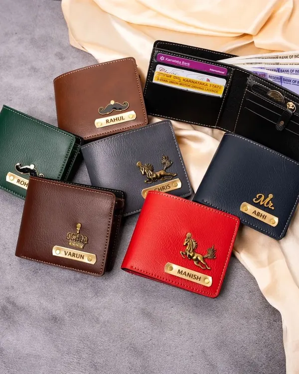 This collage showcases the variety of personalized men's wallets I can create. You can see multiple colors of faux leather and a selection of charms, including crowns, mustaches, and initials, to make each wallet unique.