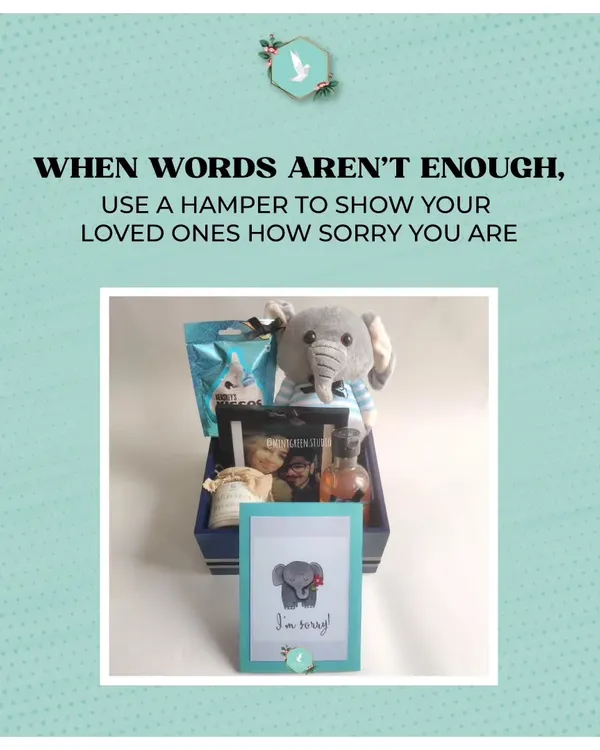 When words are not enough, a hamper can show how sorry you are. This apology gift includes a cute elephant soft toy, a handmade card, and some comfort treats.