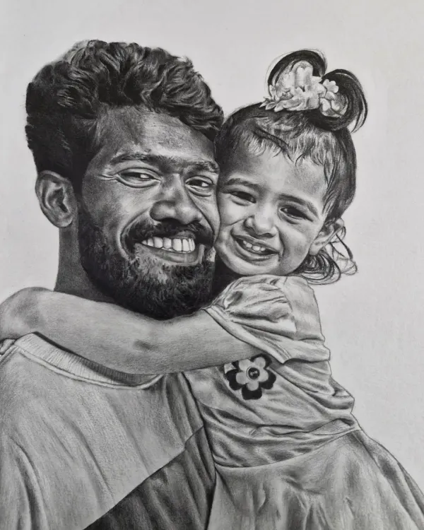 This custom portrait of a father and daughter captures a precious, happy moment. I focus on the details, from the texture of the beard to the genuine smiles, to create a realistic pencil artwork that you can cherish forever.