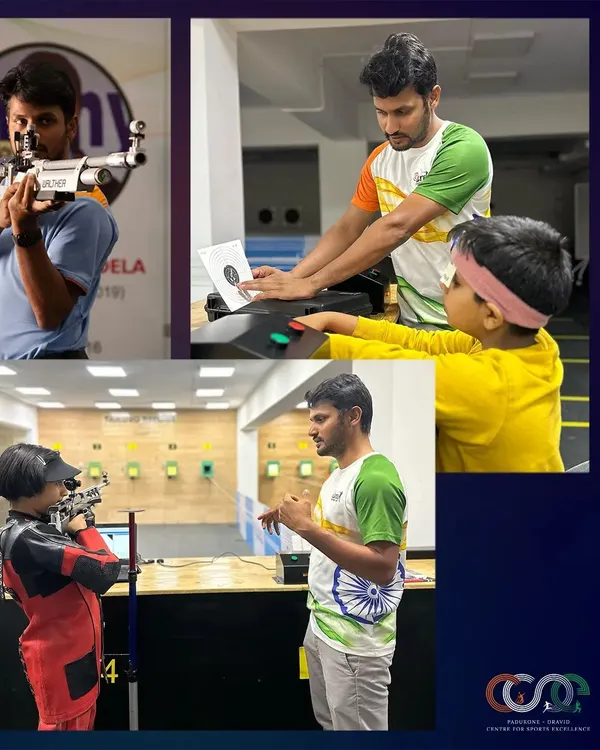 A collage showcasing our head coach, Rakesh Manpat, in his element: competing, analyzing results, and personally mentoring shooters of all ages, including our youngest members.