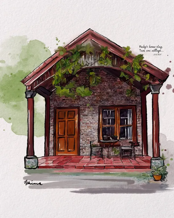 This is a sketch of a cozy homestay in Tam Coc, Vietnam. I love capturing the charm of the places I visit, and I can create a similar architectural portrait of a meaningful place for you, like a childhood home or a favorite vacation spot.