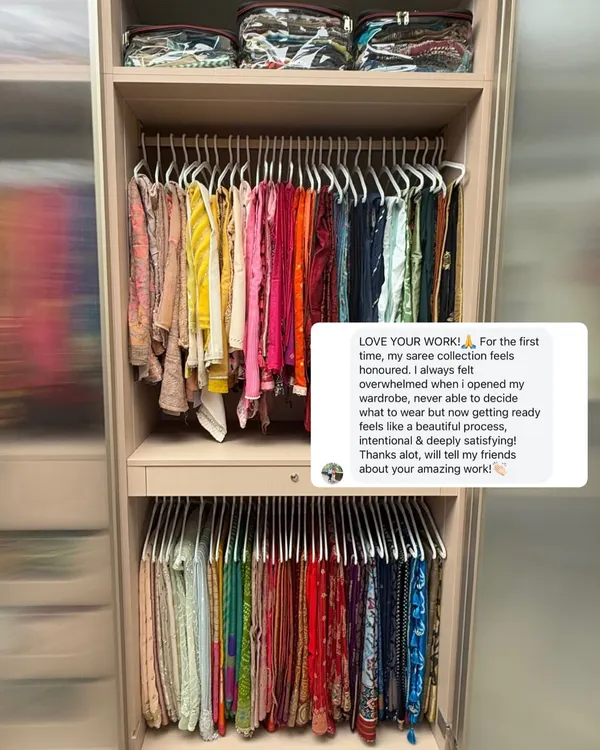 "For the first time, my saree collection feels honoured." This client's feedback perfectly captures our goal: to treat your treasured garments with the respect they deserve through mindful organization.