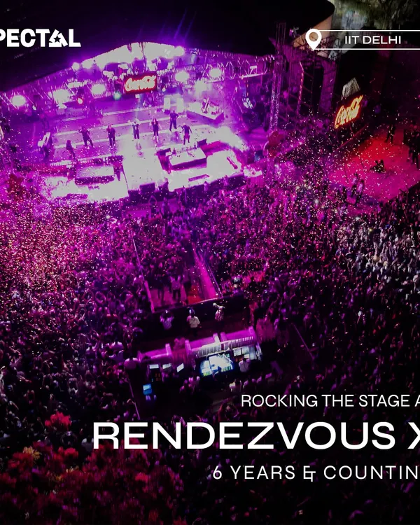 For 6 years, we've been rocking the stage at Rendezvous, IIT Delhi. This aerial shot captures the massive scale of the main stage, where we handled technical production for headliners like Farhan Akhtar and Amit Trivedi.