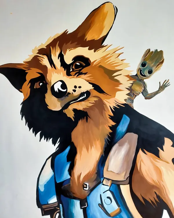 We are Groot! And Rocket! This Guardians of the Galaxy mural at Raccoon Rooms in Mysore was a blast to paint. It's a fun surprise for guests walking down the hallway.