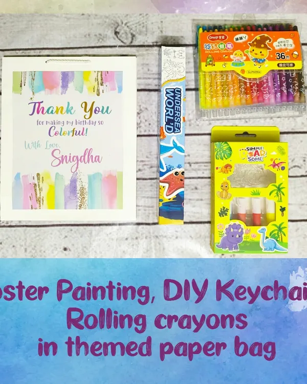 This art party hamper is full of creative fun. It includes a poster painting set, a DIY keychain kit, a pack of rolling crayons, and a personalized "colorful" paper bag.