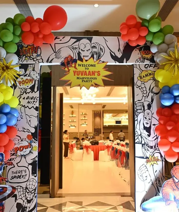 The grand entrance to Yuvaan's Marvel-ous party. I designed this comic-book style archway with colorful balloon garlands and cutouts of Captain America and Spider-Man to welcome guests into the action.