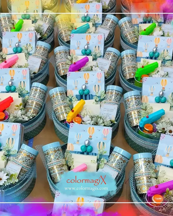 A large order of our 'Baby's First Holi' gift hampers. Each basket is filled with festive, colorful, and baby-safe items, making them the perfect giveaway to celebrate this special milestone with friends and family.