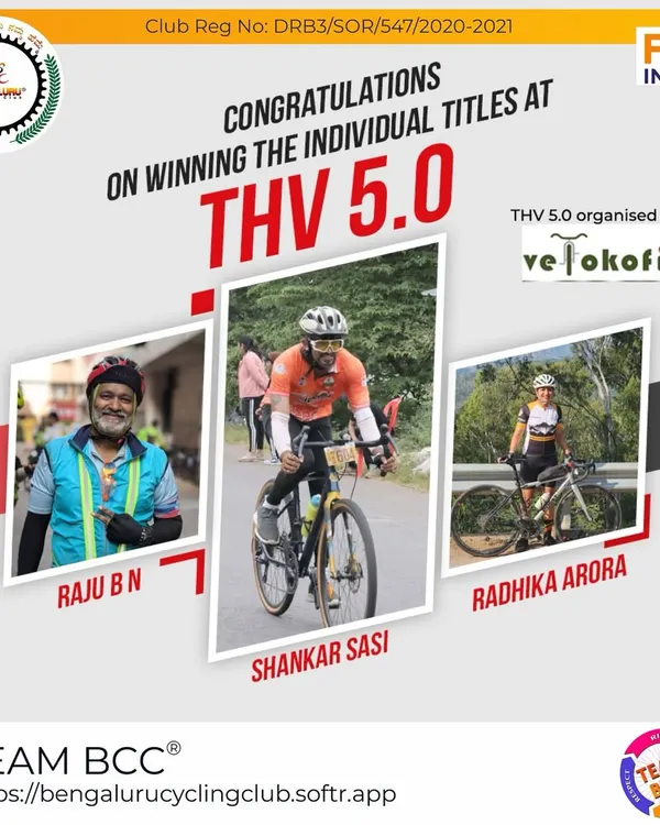 Celebrating our individual title winners at the THV 5.0 race organized by Velokofi. We are proud of Radhika, Raju, and Shankar for their outstanding performances in this competitive event.