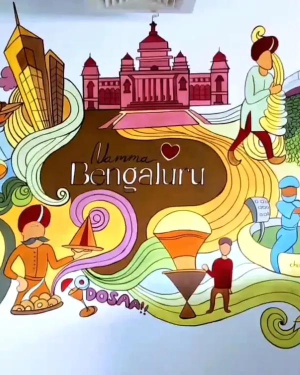 This mural is a celebration of Namma Bengaluru, painted for a local cafe. It features iconic landmarks and cultural symbols, creating a fun, quirky, and instantly recognizable theme.
