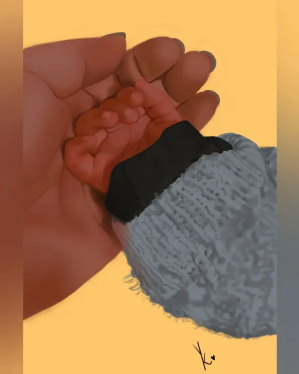 This is the full digital painting that I created for the baby's hand wallet card. I focus on the details, like the texture of the sweater and the soft tones of the skin, to make the memory come alive.