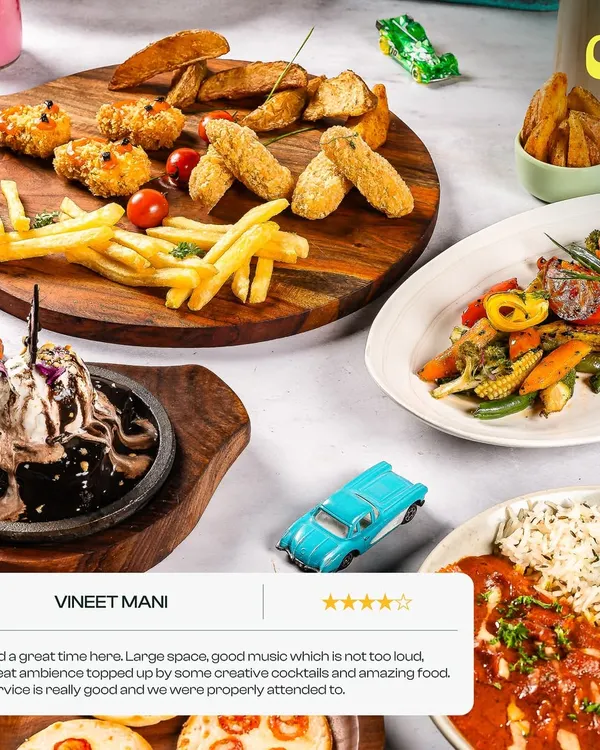 Our kids' menu is a big hit! This spread shows some of the favorites, like mini pizzas, fries, and a sizzling brownie. The toy cars are just for fun, but they show the playful spirit we encourage.