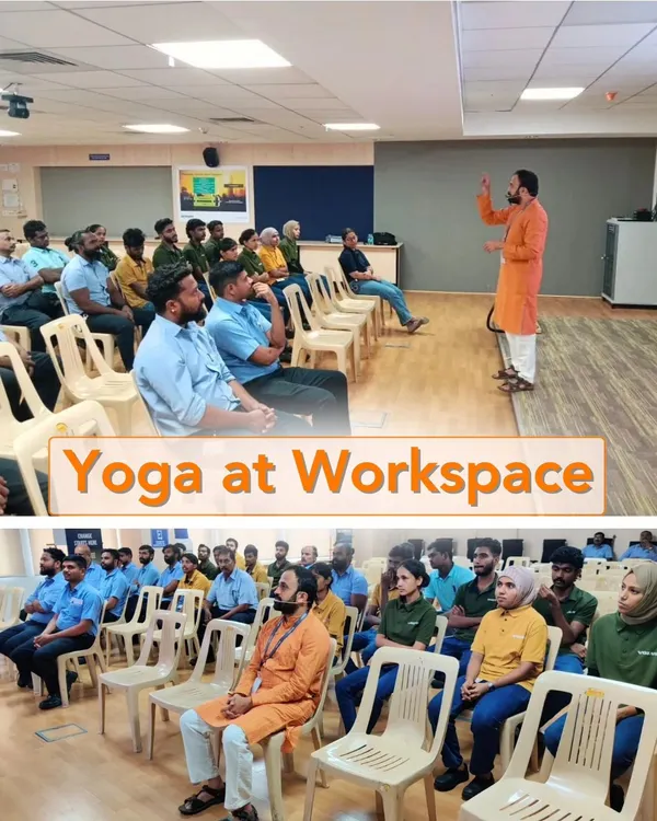 Leading a "Yoga at Workspace" session for the physically demanding roles at Volvo. The program was customized to address their specific needs for pain relief and building resilience.