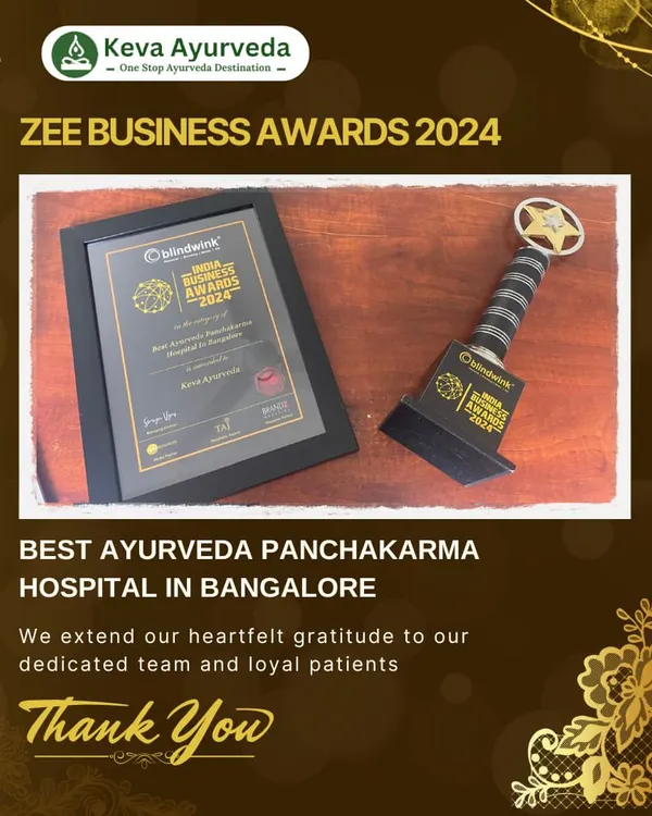 A proud moment for our clinic. We were awarded "Best Ayurveda Panchakarma Hospital in Bangalore" at the Zee Business Awards 2024. This trophy and certificate represent our team's dedication to providing the highest quality of care.