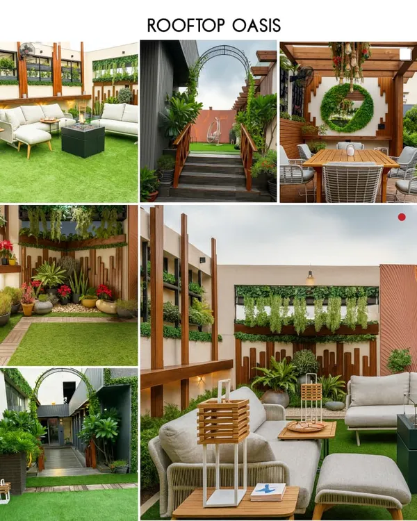 A glimpse into the rooftop oases we create. This collage showcases the variety in our terrace designs, from green lawns with modern furniture and archways to dining areas under pergolas and intricate plant arrangements.