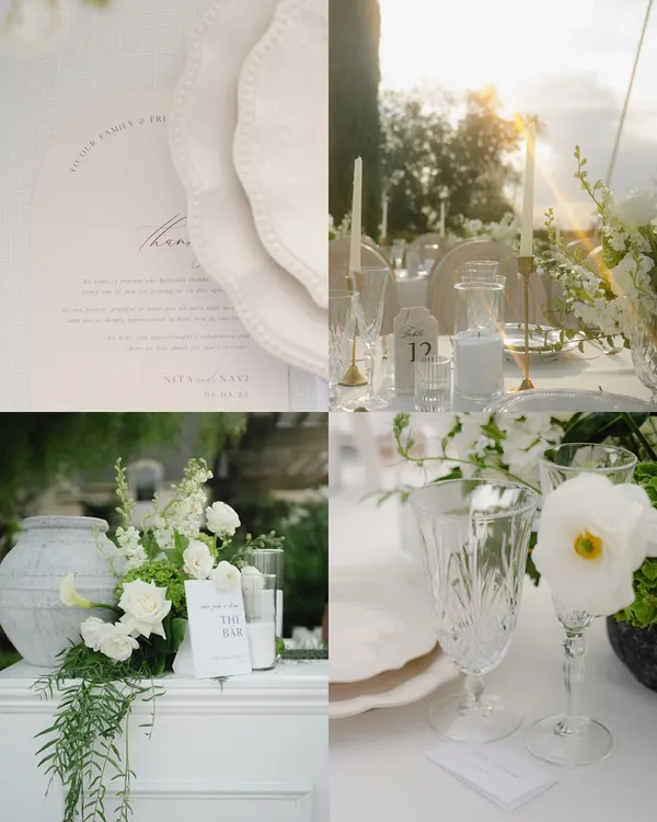 A beautiful collage of reception details from a California wedding, including the elegant table settings, floral arrangements, and custom menus.