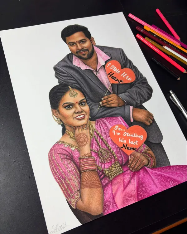 This is the kind of vibrant, hyper-realistic art I love to create for couples. I used Brustro colour pencils on A3 paper to capture every detail of their special moment, making it a perfect wedding or anniversary gift.