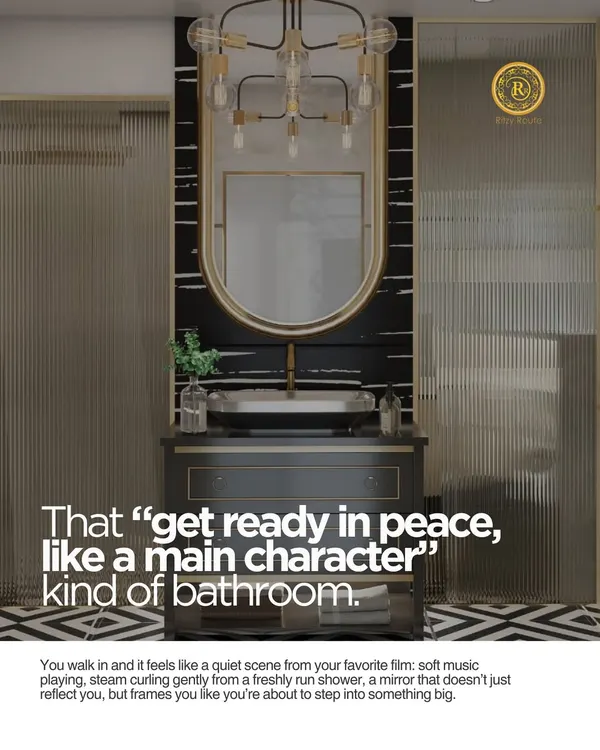 That "get ready in peace, like a main character" kind of bathroom. This space features a statement vanity with a black marble countertop, a large arched mirror, and dramatic lighting to create a feeling of quiet confidence and luxury.