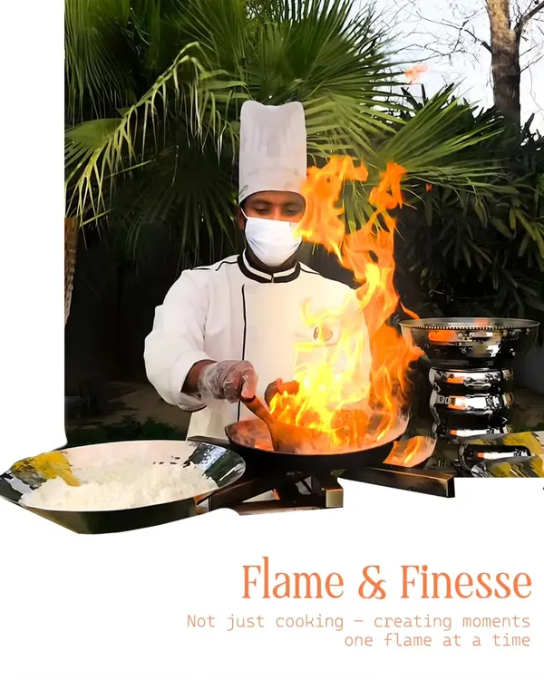 We bring drama and theatre to your events with live cooking stations. Here, one of our expert chefs uses flame and finesse to prepare a dish, creating not just a meal, but a memorable moment for your guests.