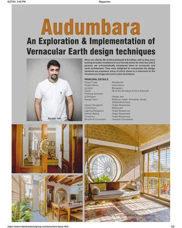 A proud moment for us as our Audumbara project was featured in Interior Exterior Magazine. This spread highlights our approach to vernacular and earth design techniques.