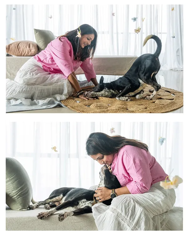 A collage celebrating the bond between a dog mom and her Indie dog during a Mother's Day shoot. The images capture playful and tender moments in a beautiful, light-filled studio.