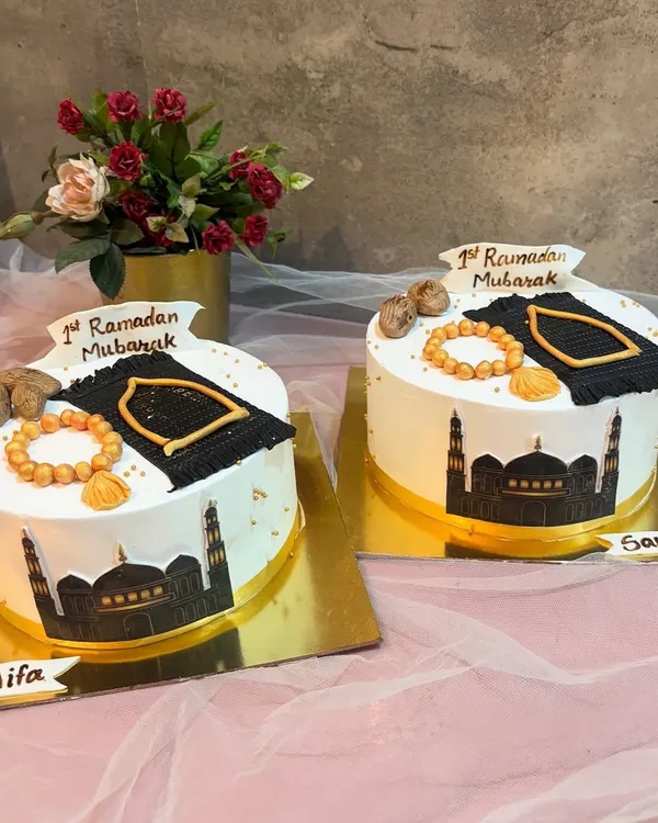 I love making these cakes to celebrate a child's first Ramadan fast. They are personalized with names and decorated with edible prayer mats and tasbeeh.